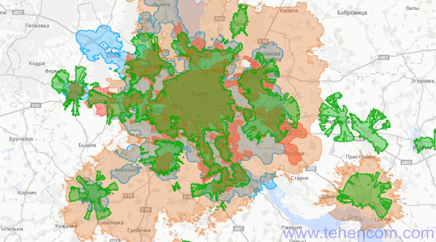 3G покриття Києва та області. Різними кольорами показані зони покриття різних операторів.