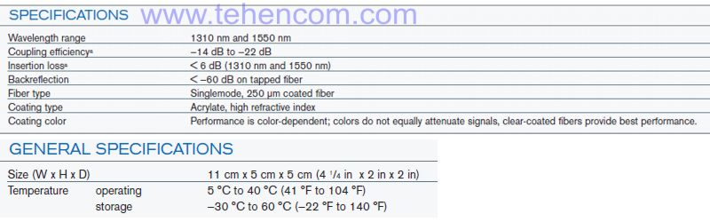 Specifications of the EXFO FCD-10B fiber bend connector