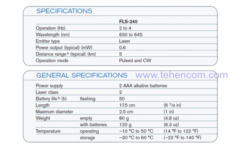 Specifications of the Visual Fault Locator EXFO FLS-240 Pocket Pal