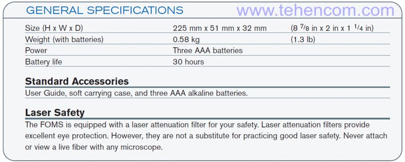 Specifications of the optical microscope EXFO FOMS