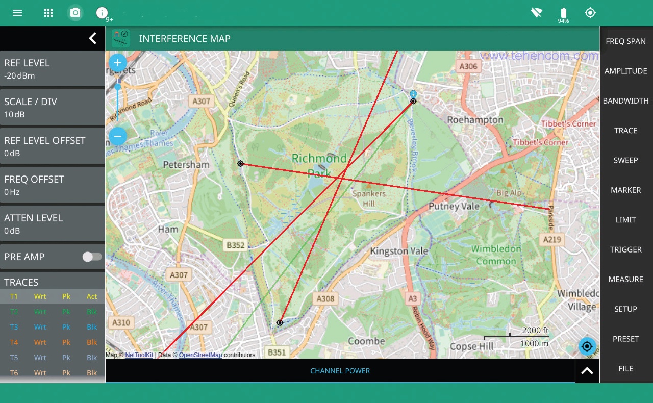 Option MS2089A-0024 allows you to perform direction finding of interference sources and mark their location on a digital map Anritsu MS2089A screen in interference source search mode