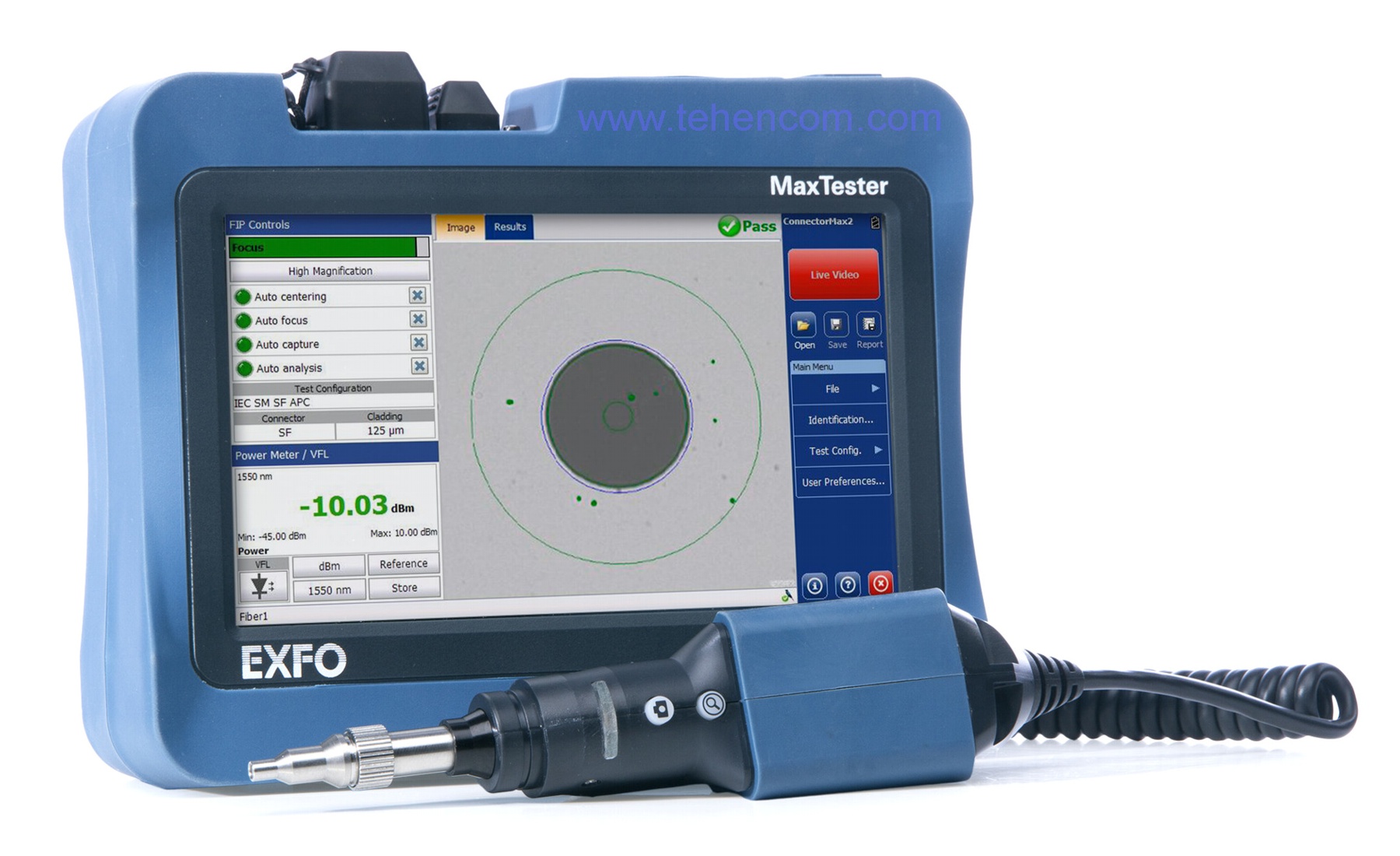 Рефлектометры серии EXFO MaxTester 700D имеют возможность прямого подключения оптических видеомикроскопов EXFO FIP-400B EXFO MaxTester 700D вместе с видеомикроскопом FIP-400B
