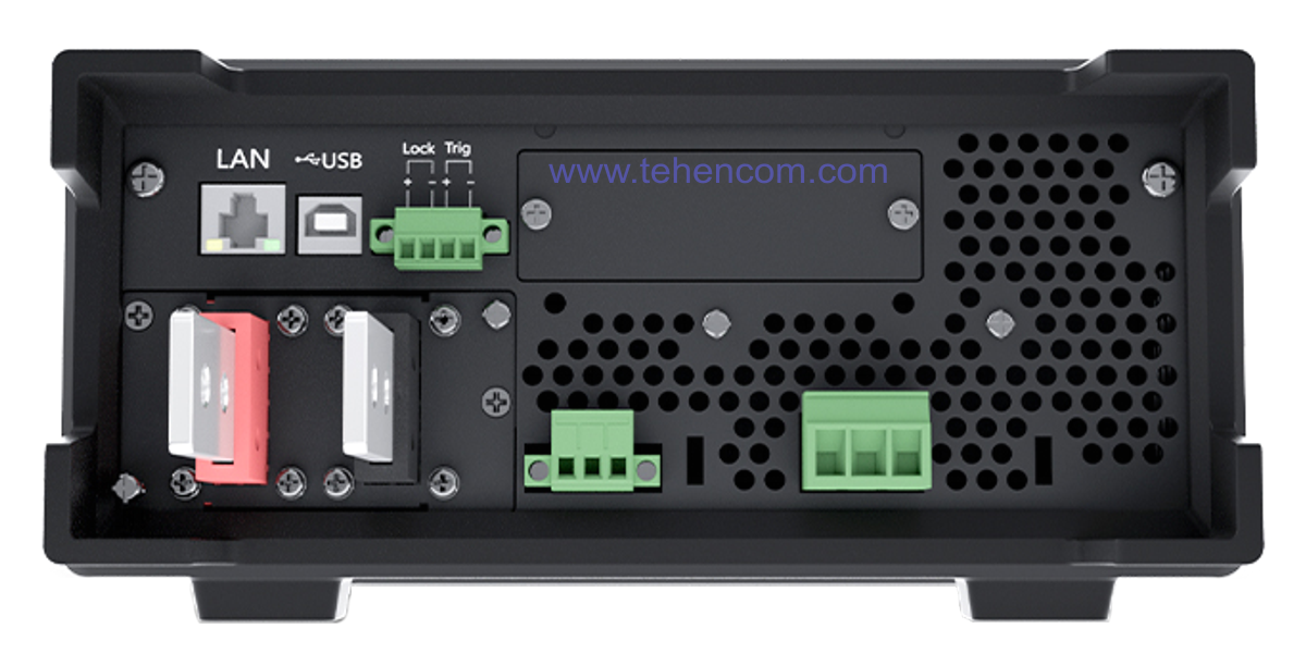 The rear panel contains communication interfaces, output terminals for connecting the load and auxiliary connectors Rear panel of ITECH IT-M3140 series power supplies