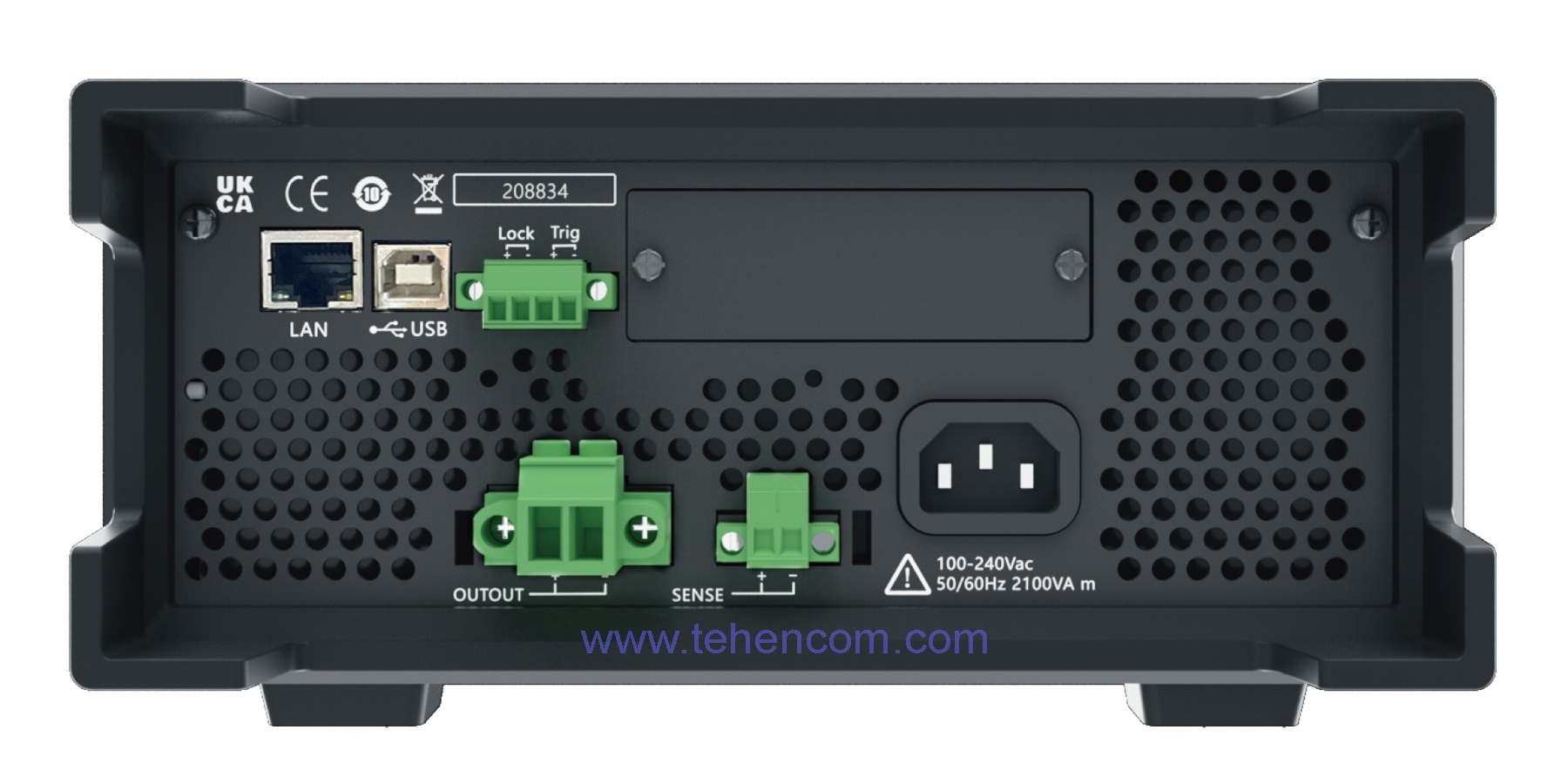 The rear panel contains communication interfaces, output terminals with a current of up to 25 A and a connector for connecting to a load using a 4-wire sensing. Rear panel of ITECH IT-N6900 series power supplies