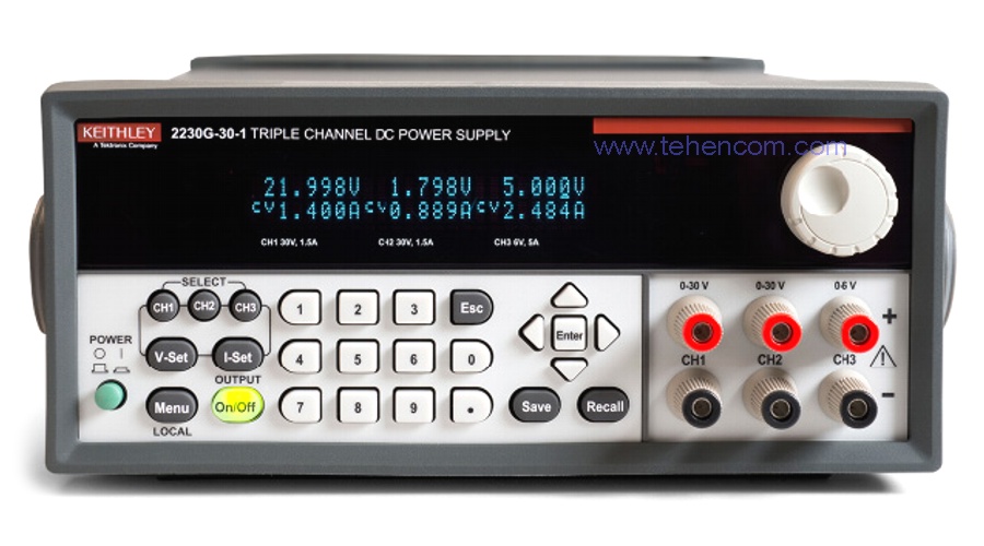 Typical three-channel bipolar power supply of the Keithley 2220 series