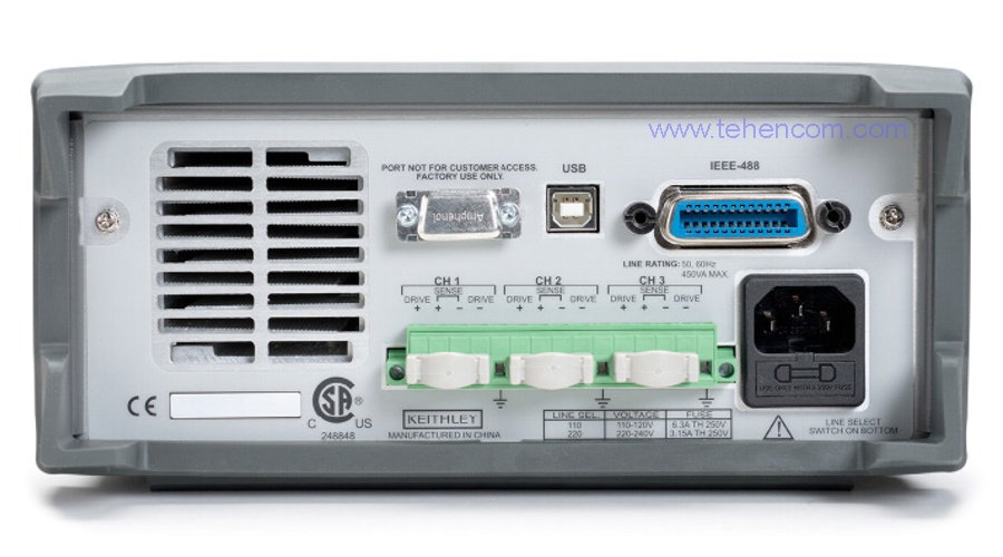 Typical three-channel power supply of the Keithley 2220 series (rear view)