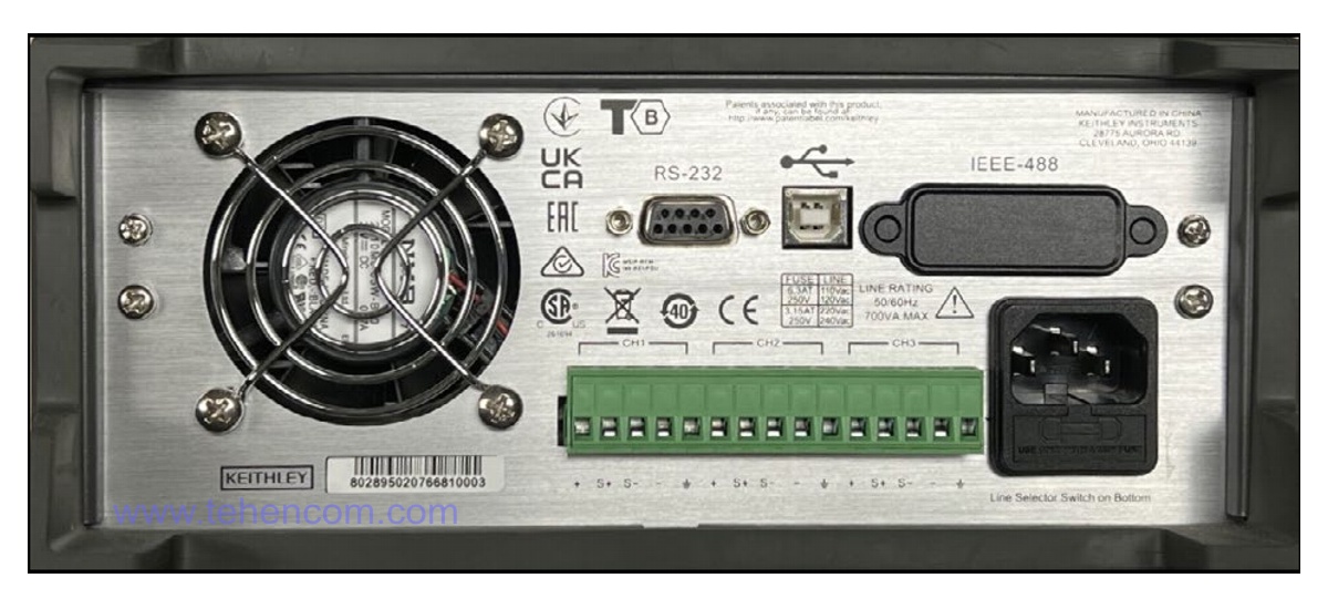 Rear view of linear power supplies Keithley 2230 without IEEE-488