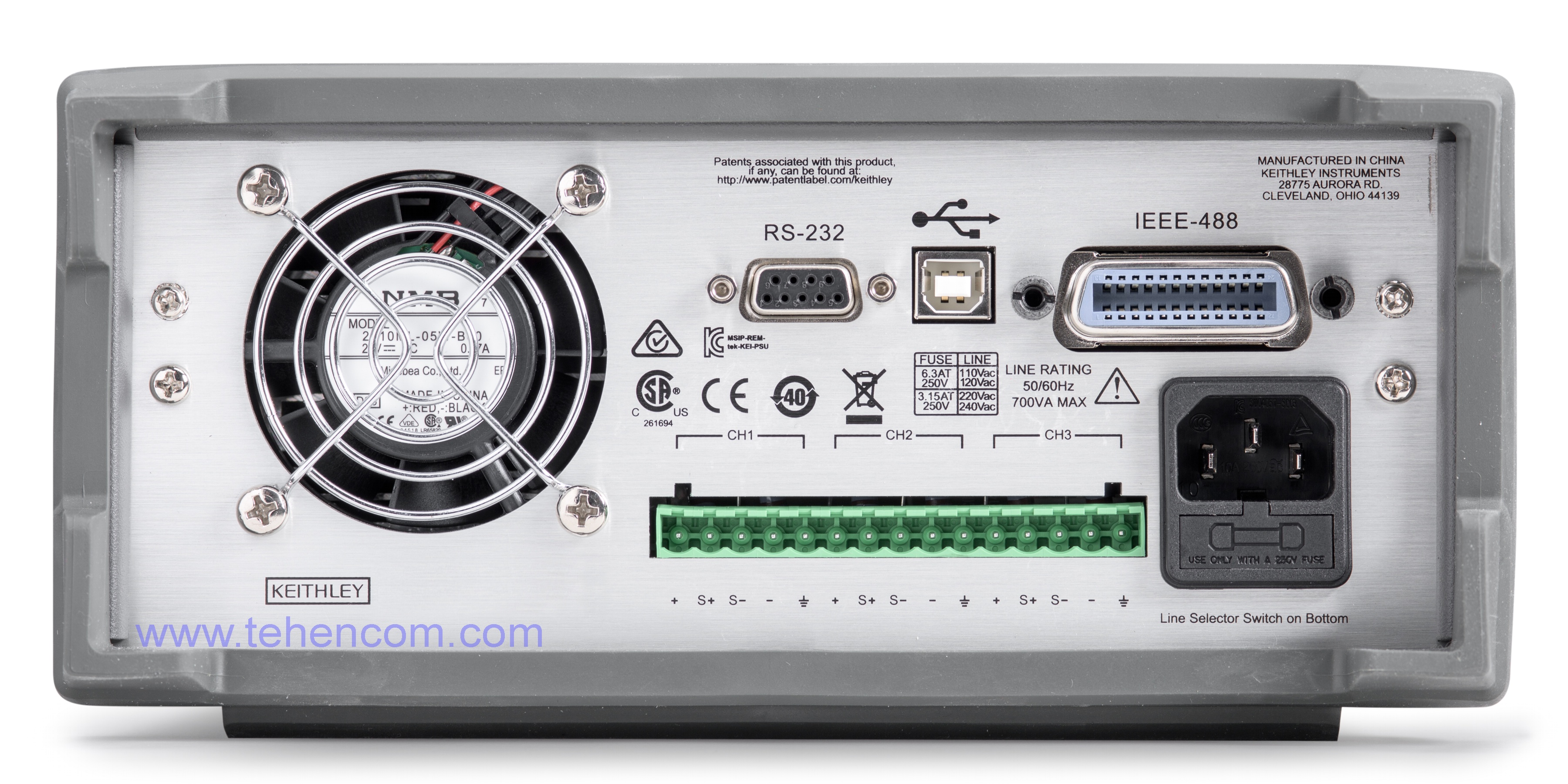 Rear view of transformer power supplies Keithley 2230G with IEEE-488