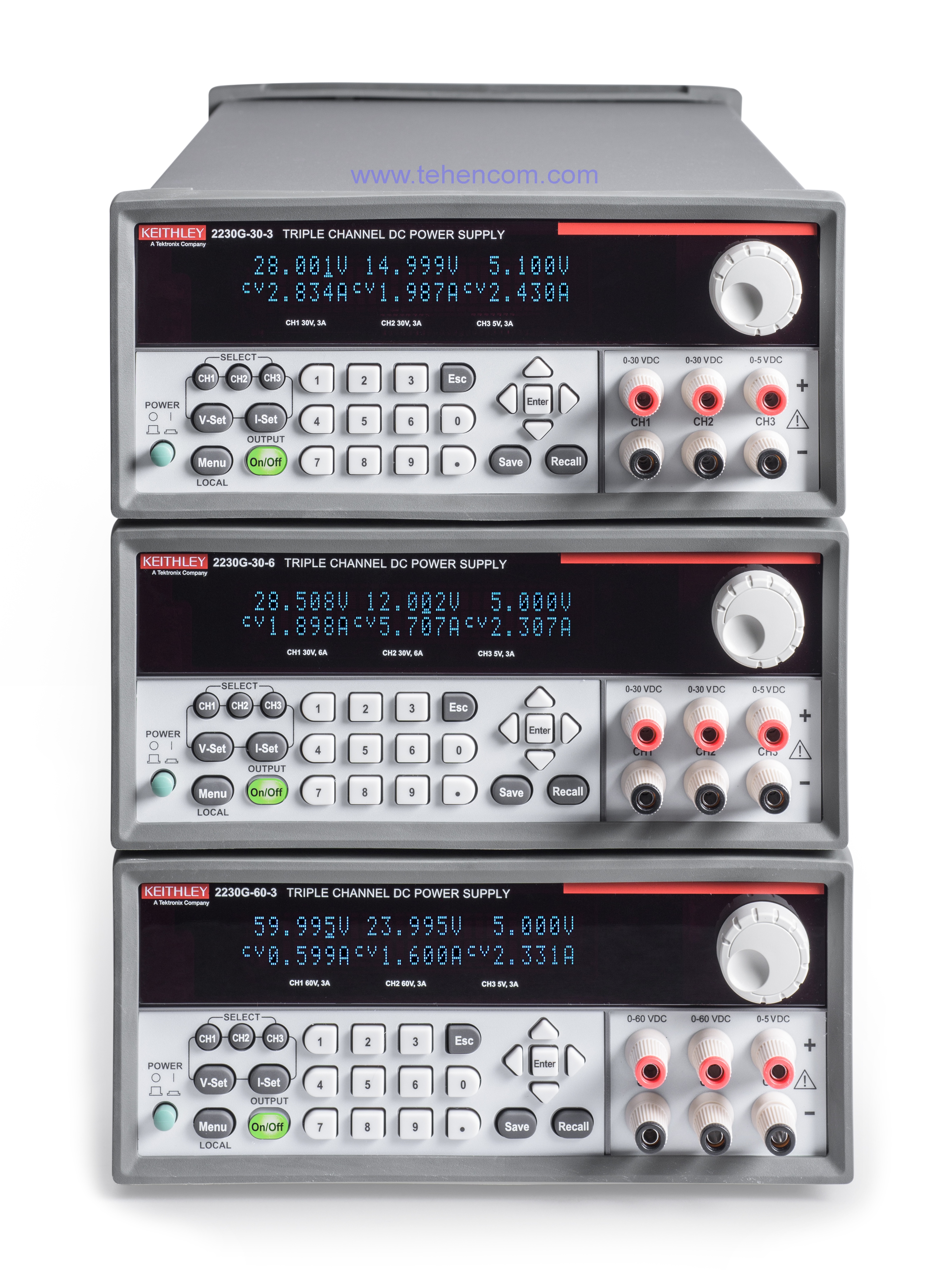 Three Keithley 2230 series isolated power supplies