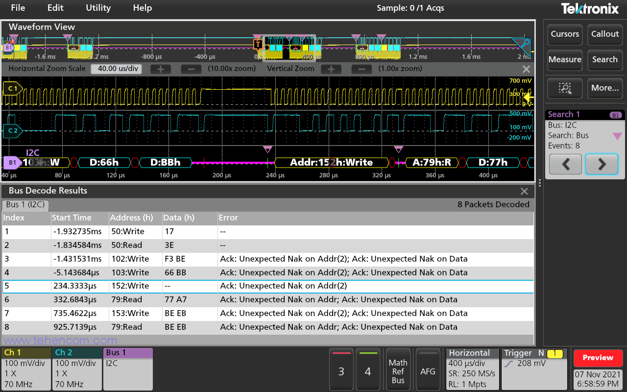 Tektronix MSO2 oscilloscope screen in serial protocol analyzer mode