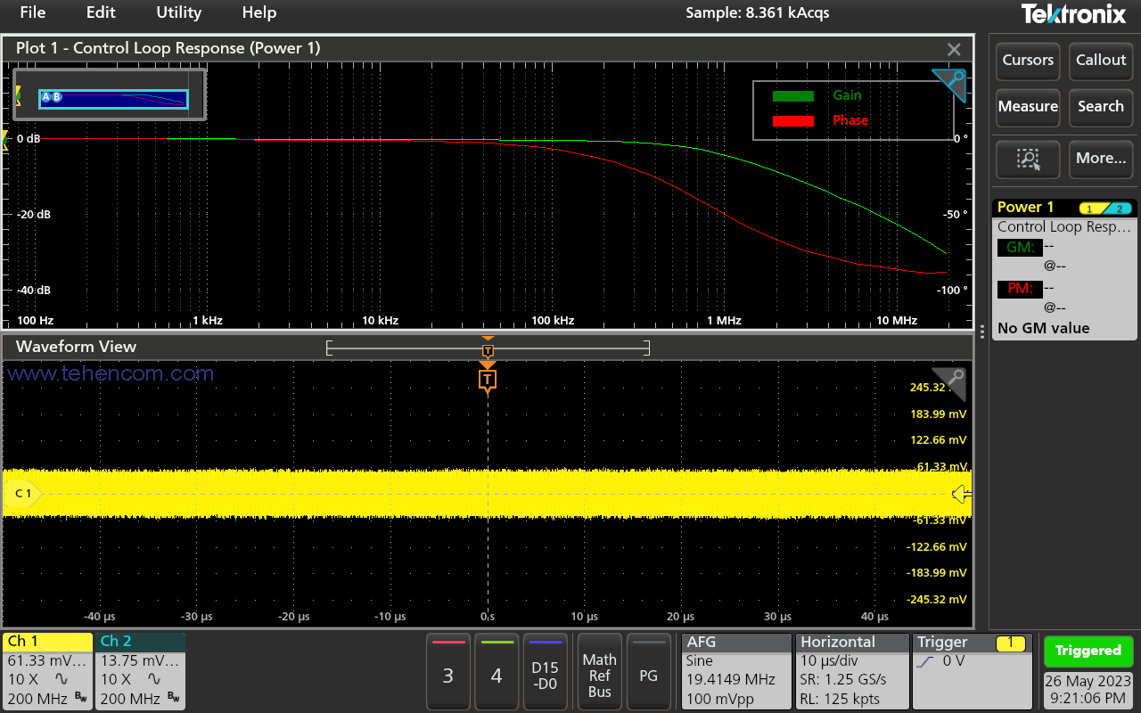 Bode plot on the Tektronix MSO2 oscilloscope screen
