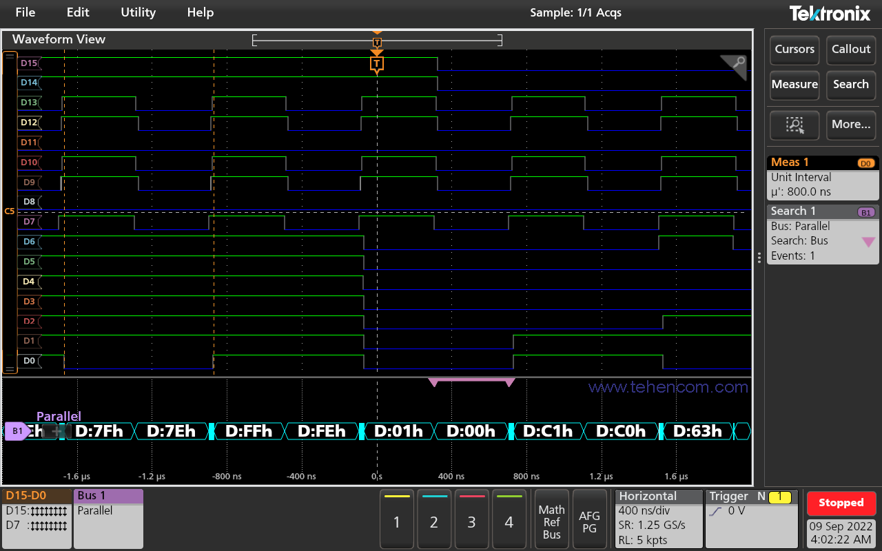 Tektronix MSO2 oscilloscope screen in logic analyzer mode